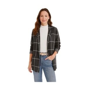 LOFT Windowpane Open Front Knit Blazer Navy Cardigan Women's M 100% Cotton